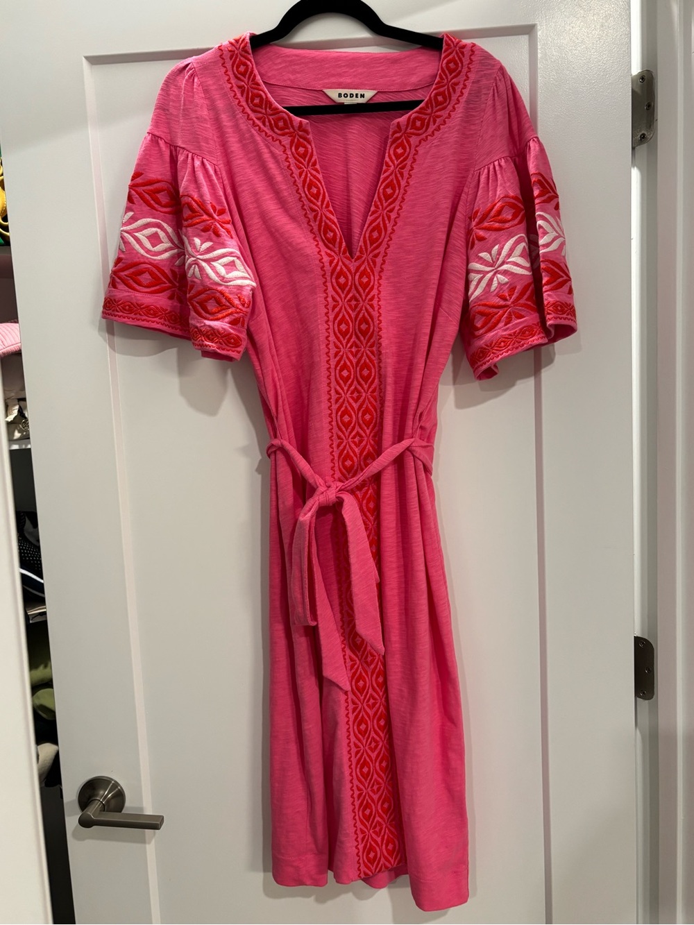 Embroidered Pink Cotton Dress with White & Orange Floral Motif